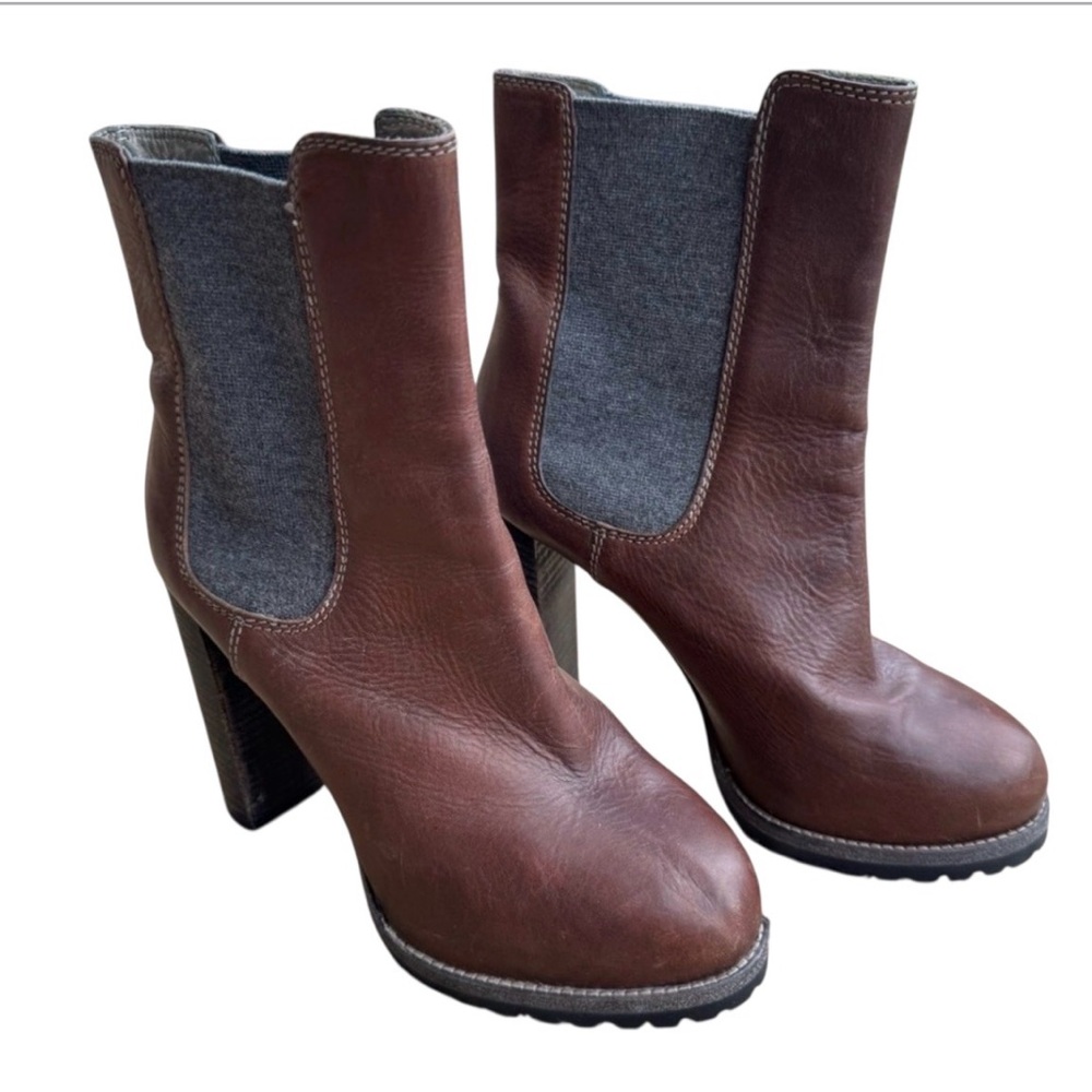 Brunello Cucinelli Brown Leather Chelsea Ankle Boots Block Heel 37.5 IT